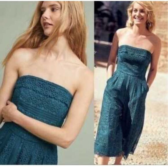NWT Anthropologie Greylin Stowe Lace Jumpsuit Teal Strapless Wide Leg Size Petit - Picture 3 of 9